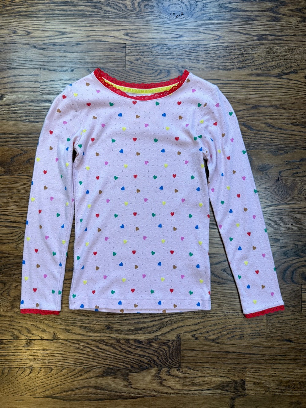 Mini Boden Girls Pink Multicolored Heart Print Long Sleeve Pointelle Top Sz 9-10